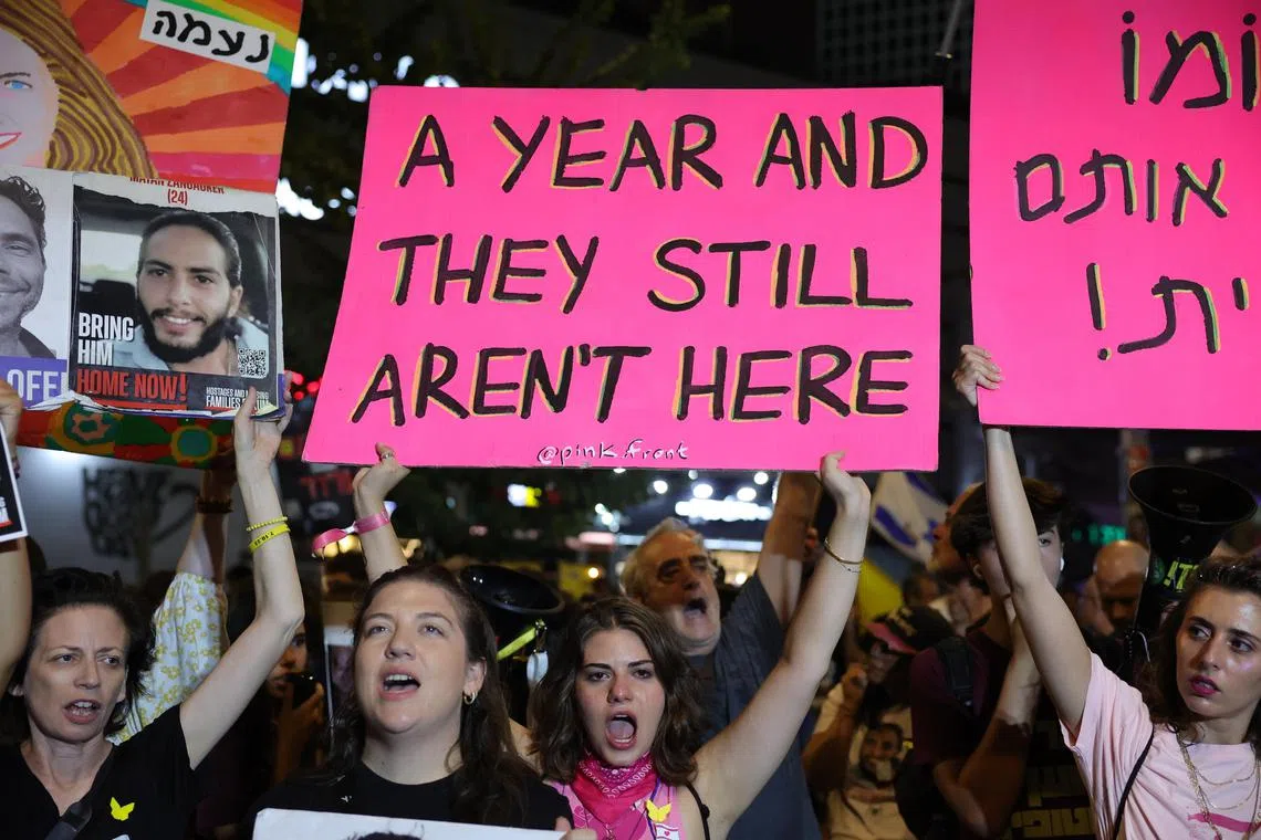 Protesters calling for a ceasefire and for the release of Israeli hostages held by Hamas in Gaza in Tel Aviv on Oct 5.