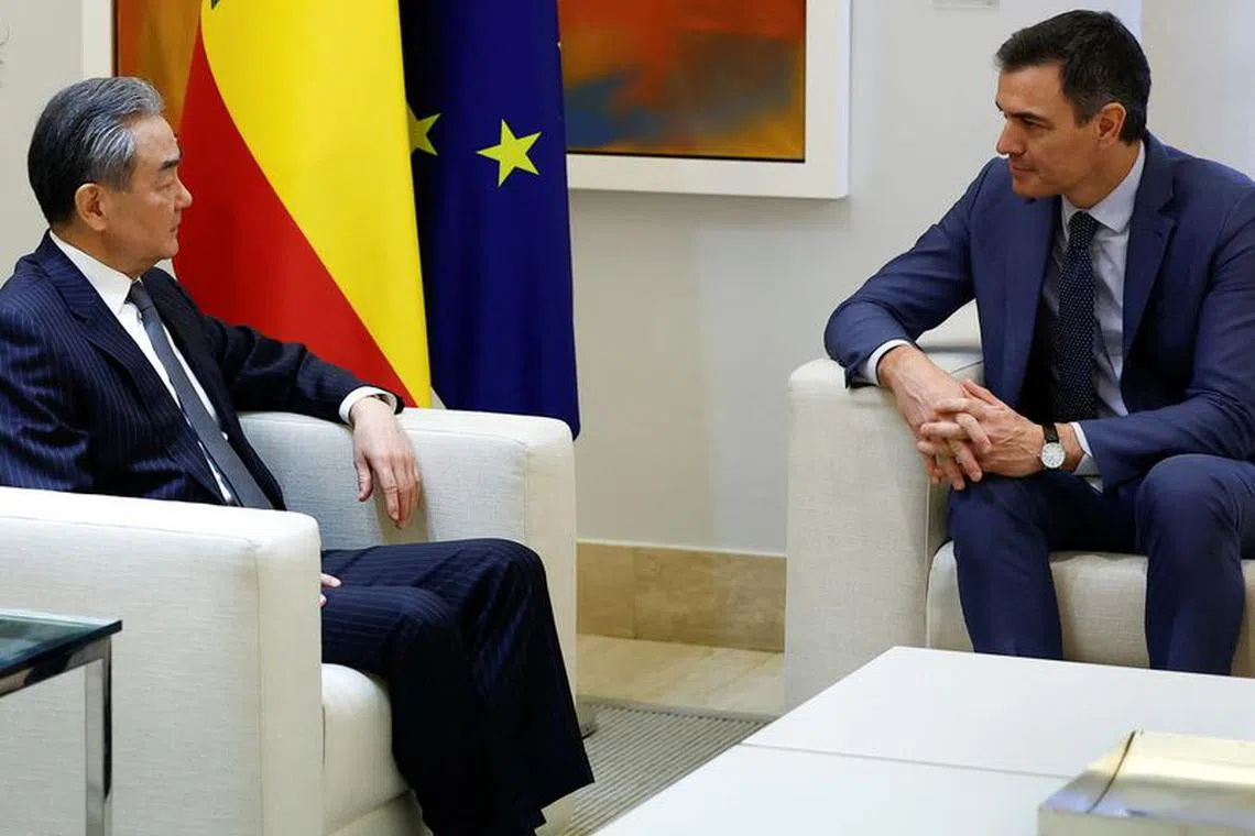 Spain's Prime Minister Pedro Sanchez and China's Foreign Minister Wang Yi hold a meeting at Moncloa Palace in Madrid, Spain, February 19, 2024. REUTERS/Juan Medina