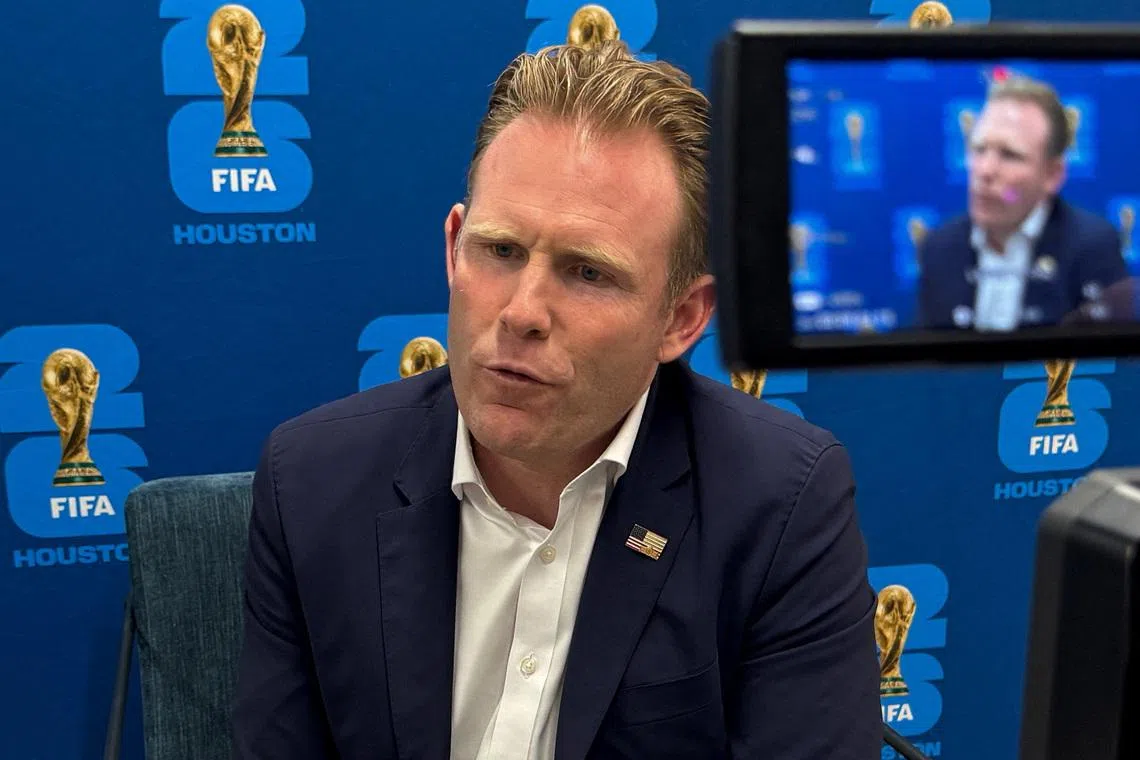 Andrew Giuliani, Executive Director of the White House Task Force for the FIFA World Cup 2026, speaks during an interview with Reuters at the FIFA Fan Festival Media Center, in Houston, Texas, U.S.,  June 20, 2026. Picture taken with a mobile phone. REUTERS/Lais Morais