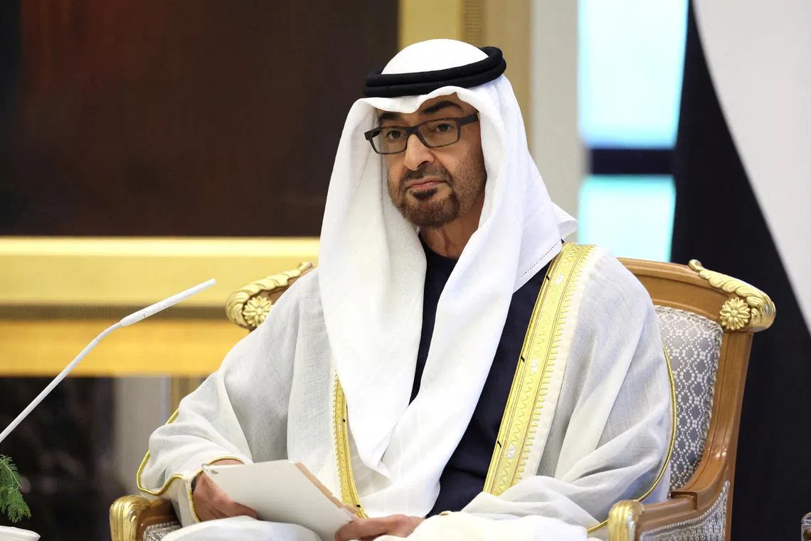 FILE PHOTO: President of the United Arab Emirates Sheikh Mohamed bin Zayed Al Nahyan looks on during a meeting with Russian President Vladimir Putin at Qasr Al Watan in Abu Dhabi, United Arab Emirates December 6, 2023. Sputnik/Sergei Savostyanov/Pool via REUTERS/File Photo