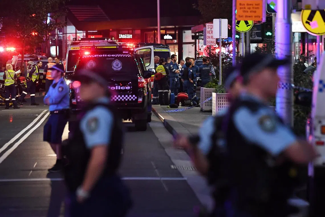 Emergency services are seen at Bondi Junction after police responded to reports of multiple stabbings inside the Westfield Bondi Junction shopping centre in Sydney.