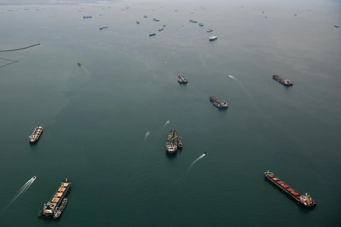 Vessels are pictured in the disputed South China Sea on April 16, 2021.
Can be used for stories on budget, money, oil, goods, business, shipping, cargo, supply, trade, and vessel.