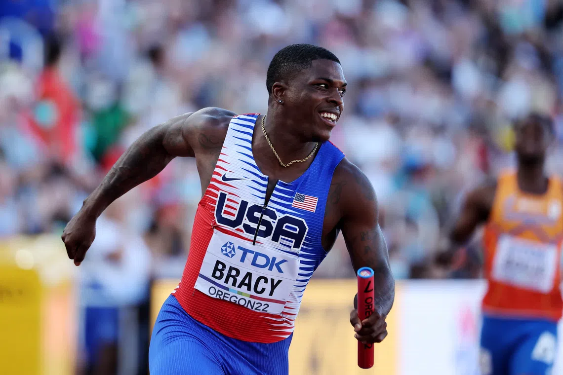 Athletics - World Athletics Championships - Men's 4x100 Metres Relay - Heats - Hayward Field, Eugene, Oregon, U.S. - July 22, 2022 Marvin Bracy of the U.S. celebrates after winning the heat REUTERS/Lucy Nicholson