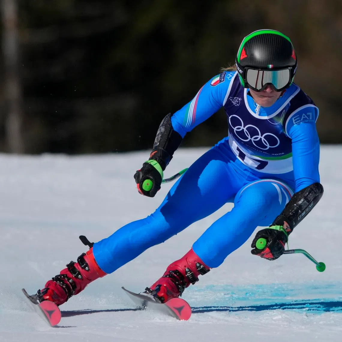 Feb 15, 2026; Cortina d'Ampezzo, Italy; Sofia Goggia of Italy in the first run of the women's alpine skiing giant slalom during the Milano Cortina 2026 Olympic Winter Games at Tofane Alpine Skiing Centre. Mandatory Credit: Michael Madrid-Imagn Images/File Photo