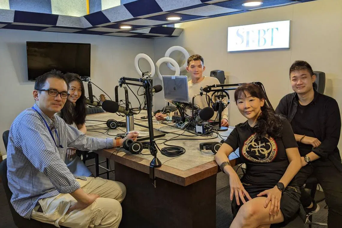 (From left) ST deputy news editor Andre Yeo, ST reporter Jessie Lim, ST podcast producer Teo Tong Kai, ST crime correspondent David Sun and Ms Verena Chin, owner of Le Artisserie.