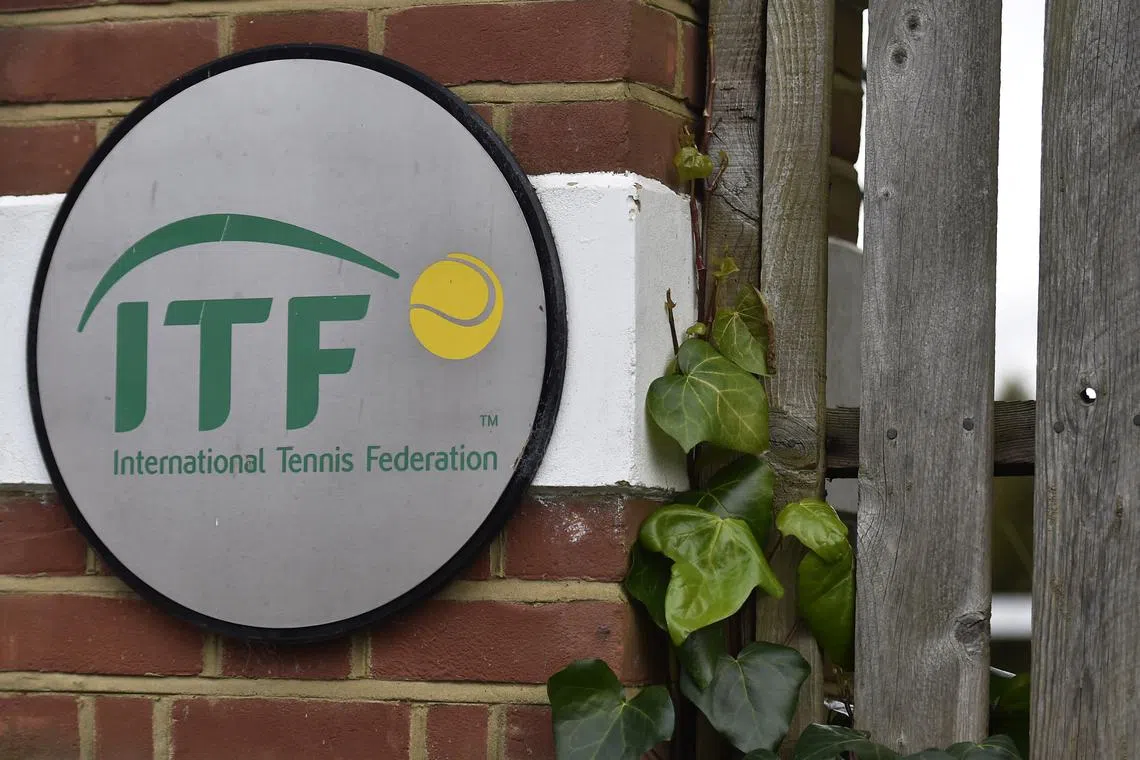 FILE PHOTO: A logo is seen at the entrance to the International Tennis Federation headquarters in London, Britain January 18, 2016. REUTERS/Toby Melville/ File Photo