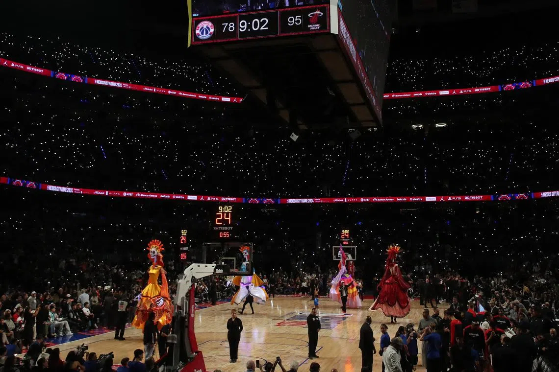 General view of catrinas during the half-time show at the NBA game between the Miami Heat and the Washington Wizards.