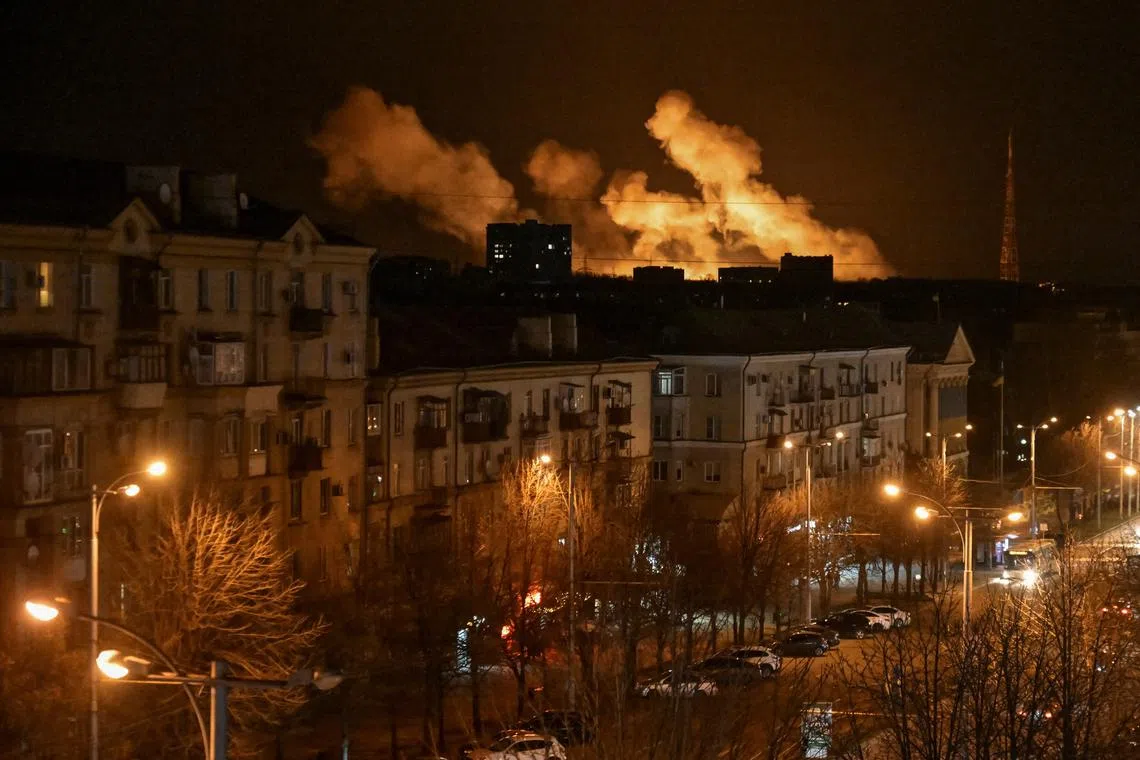 Smoke billows over the city after a Russian drone strike, amid Russia's attack on Ukraine, in Zaporizhzhia, Ukraine March 21, 2025. REUTERS/Stringer