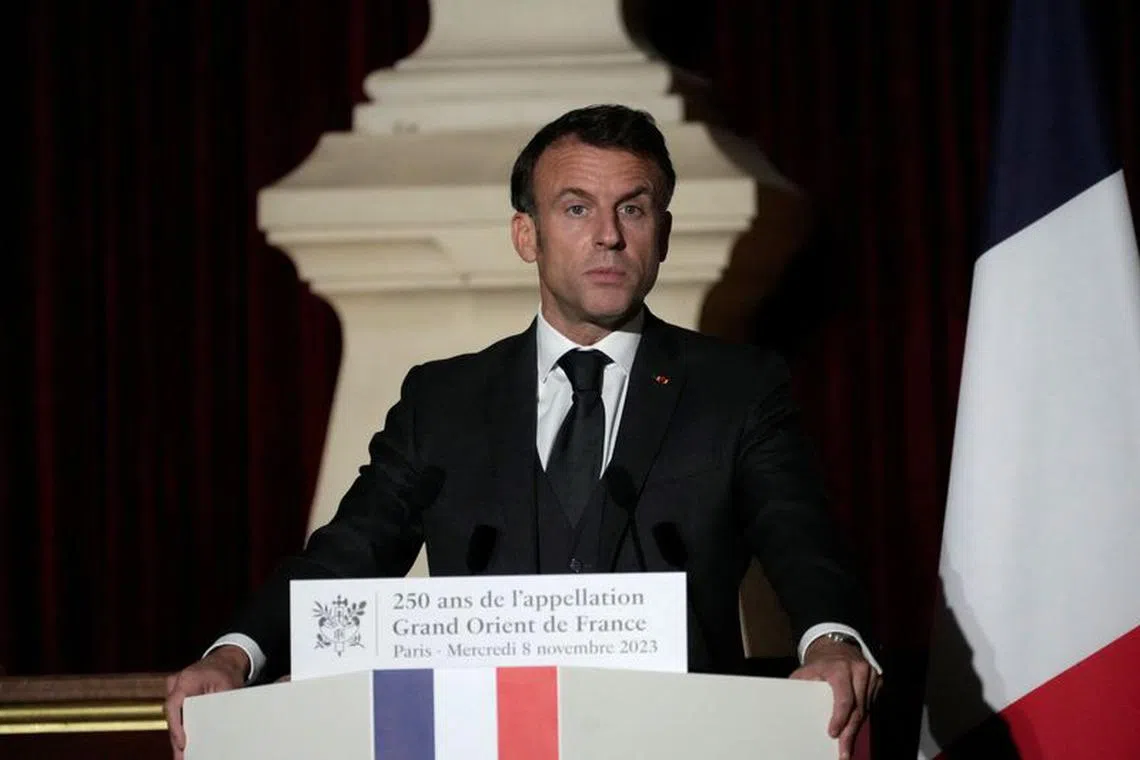 French President Emmanuel Macron, speaks during a meeting with the leaders of France’s Freemason organizations to honor their contributions to the country and mark the 250th anniversary of the Grand Orient of France, in Paris, Wednesday, Nov. 8, 2023 in Paris.     Thibault Camus/Pool via REUTERS