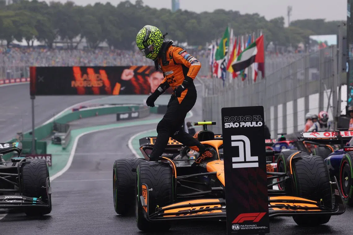 Formula One F1 - Sao Paulo Grand Prix - Autodromo Jose Carlos Pace, Sao Paulo, Brazil - November 3, 2024 McLaren's Lando Norris celebrates after qualifying in pole position REUTERS/Amanda Perobelli