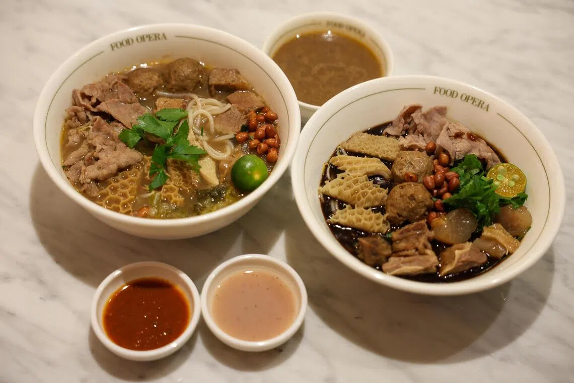 Wah Eng Beef Noodle’s Signature Mixed Beef Noodle Soup (right), and Mixed Beef Noodle Dry.