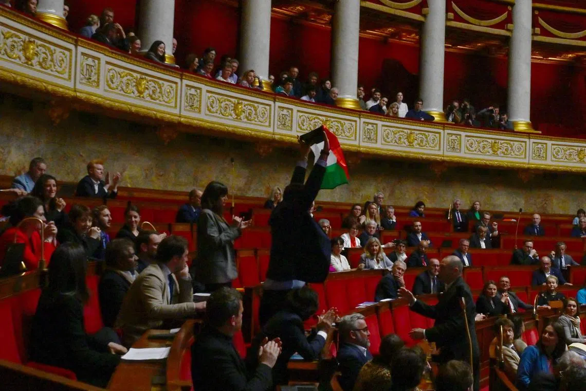 La France Insoumise party member of parliament Sebastien Delogu waves a Palestinian flag during a session of questions to the government at the National Assembly in Paris on May 28, 2024.