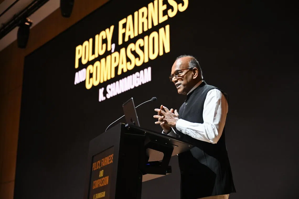 Coordinating Minister for National Security and Minister for Home Affairs K Shanmugam speaking at the launch of his book at the SPH Media auditorium on Feb 6.