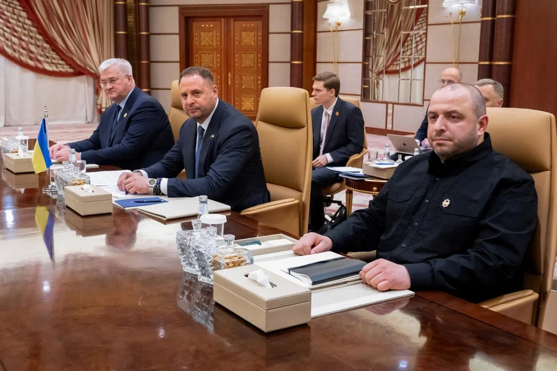 Ukrainian Foreign Minister Andrii Sybiha, Ukrainian Head of Presidential Office Andriy Yermak and Ukrainian Minister of Defense Rustem Umerov hold a meeting with U.S. officials in Jeddah, Saudi Arabia, March 11, 2025. SAUL LOEB/Pool via REUTERS