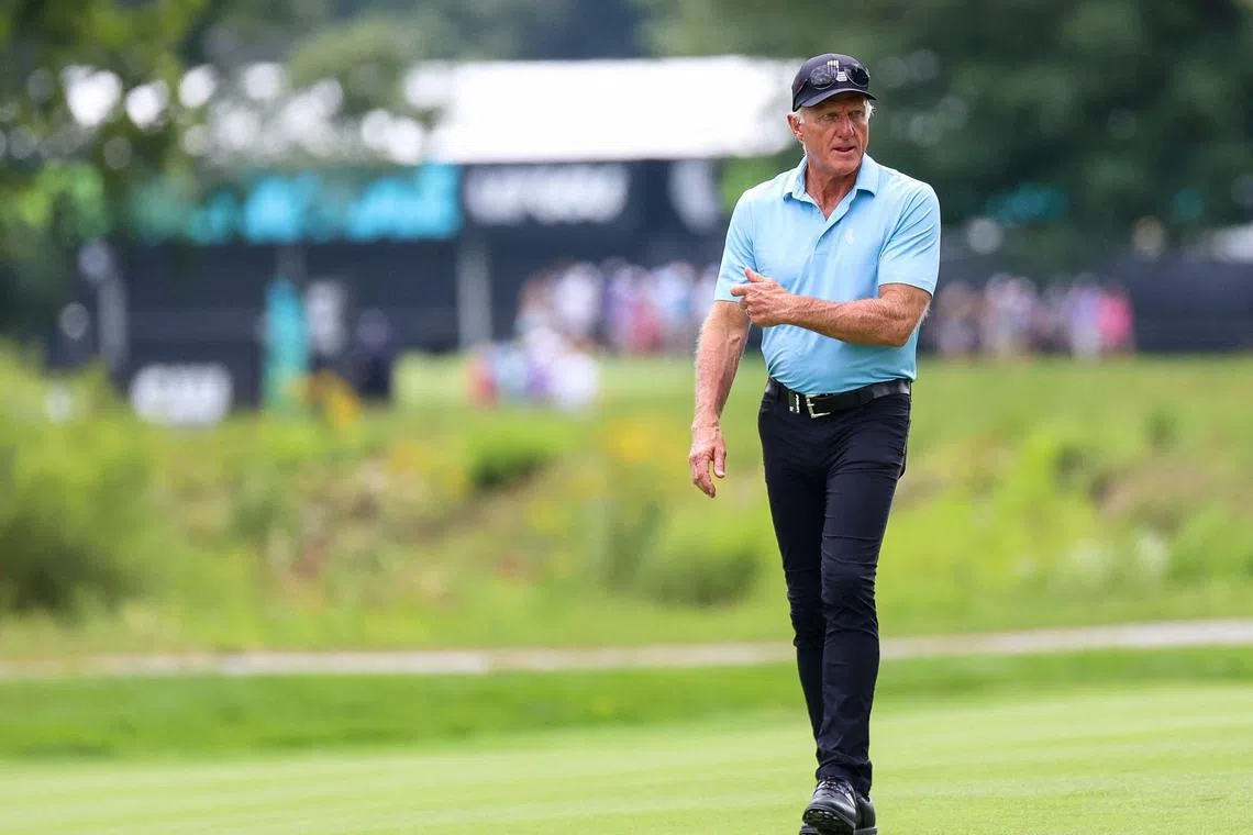 Commissioner and CEO of LIV Golf Greg Norman walking at the first hole during day three of LIV Golf: Greenbrier at The Old White Course on Aug 18 in White Sulphur Springs, West Virginia. 