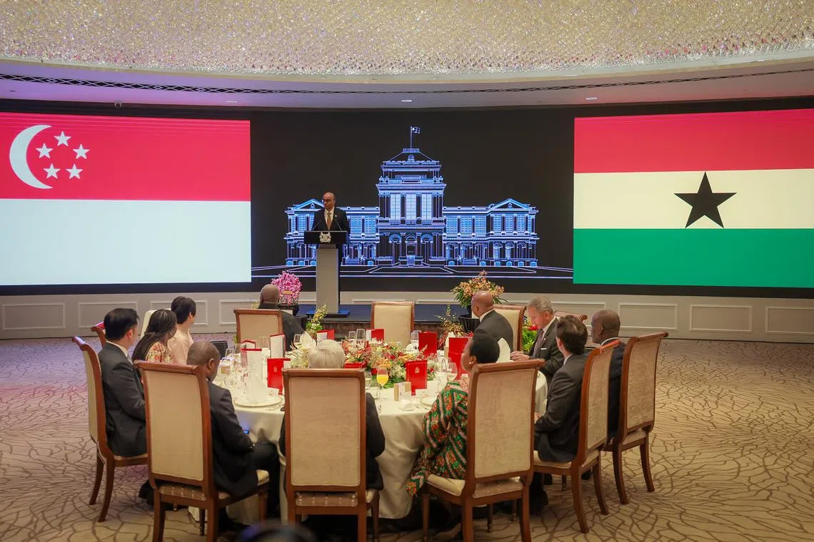 President Tharman Shanmugaratnam speaking at a state banquet held for Ghana’s President John Dramani Mahama.