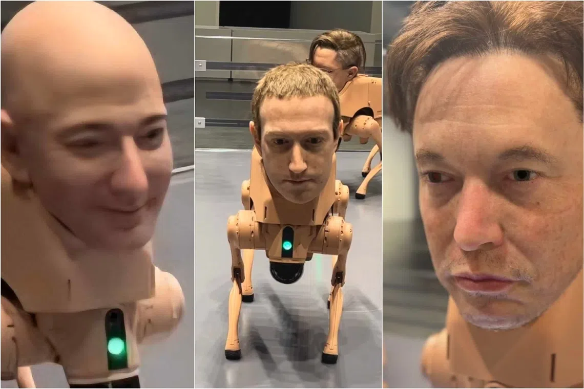 Artist Beeple's robotic quadrupeds bearing faces of famous tech titans and artists were on display at Art Basel in Miami.