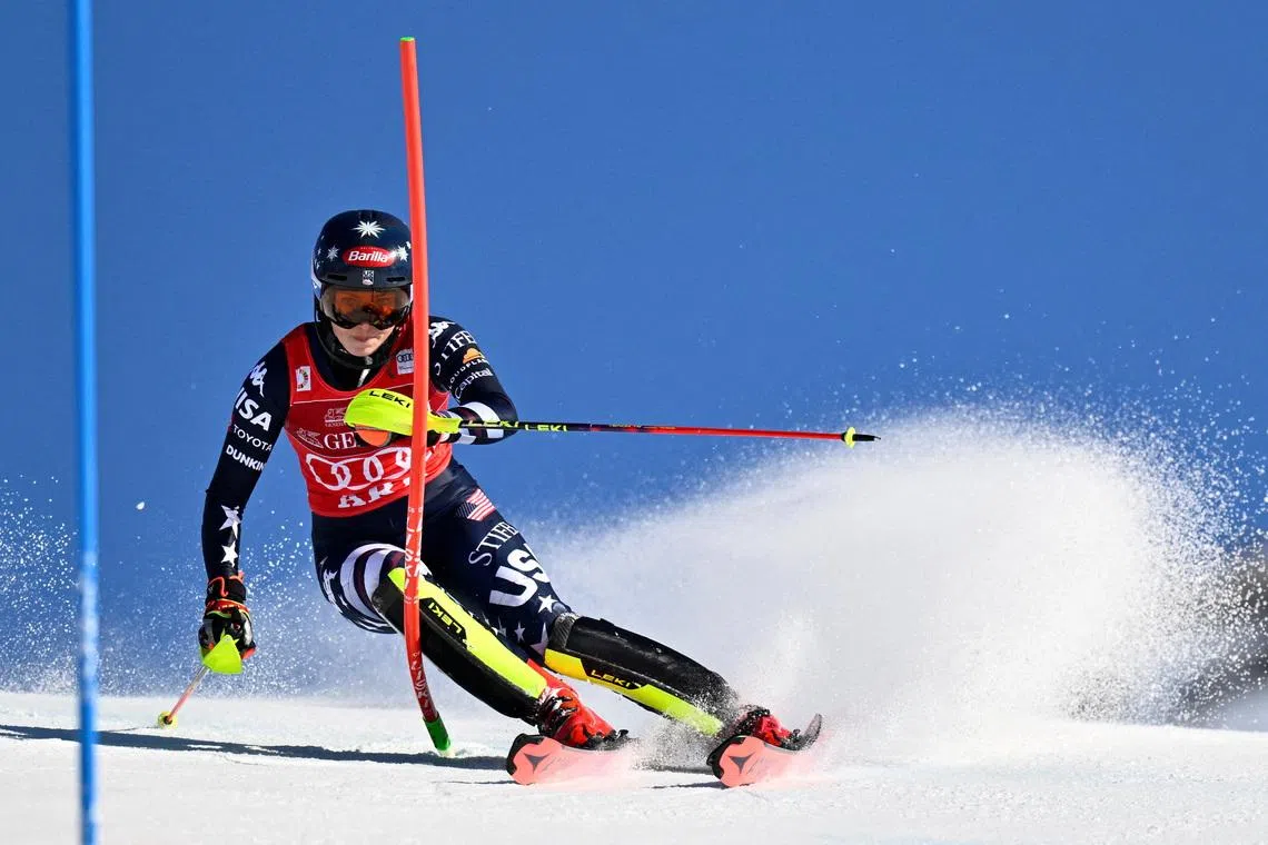 Alpine Skiing - FIS Alpine Ski World Cup - Women's Slalom - Are, Sweden - March 15, 2026 Mikaela Shiffrin of the U.S. in action during the first run PHOTOGRAPHER/TT News Agency via REUTERS