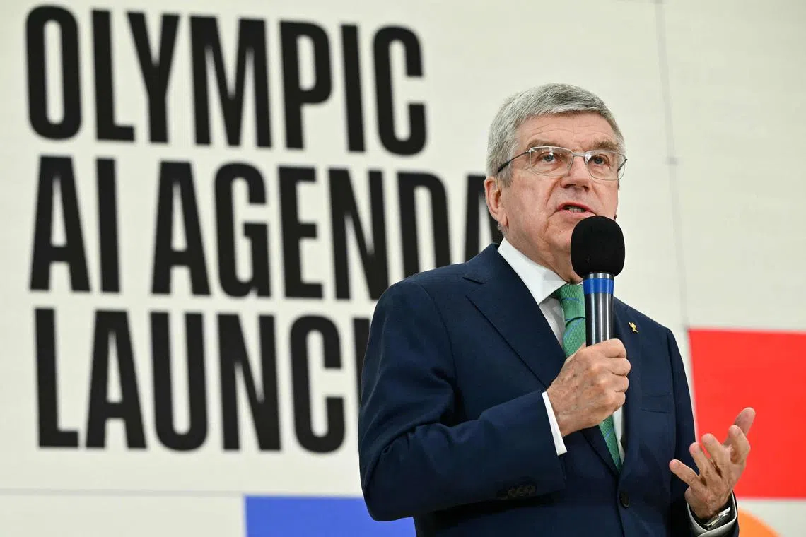 International Olympic Committee president Thomas Bach delivering the closing speech during the Olympic AI Agenda event at Lee Valley VeloPark in east London on April 19. The Olympic AI Agenda is the third in a trilogy of strategy documents launched under Thomas Bach’s presidency, and presents the envisioned impact that artificial intelligence can deliver for sport. 