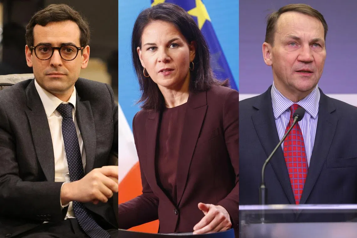 “Weimar Triangle” ministers (from left) France’s Stephane Sejourne, Germany’s Annalena Baerbock and Poland’s Radoslaw Sikorski will meet near Paris on Feb 12.