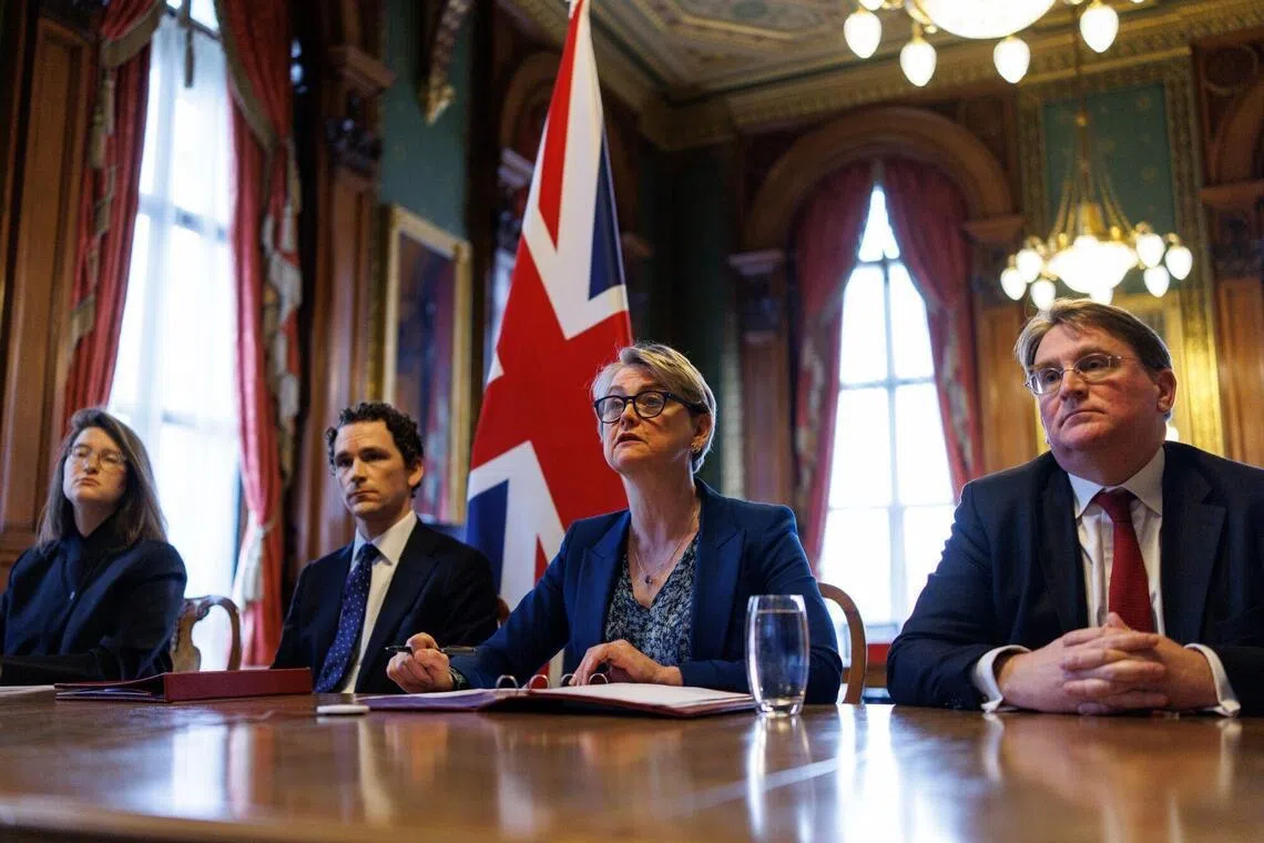 British officials, including Foreign Secretary Yvette Cooper (second from right), holding a virtual meeting on April 2 with  counterparts from some 40 countries on ways to free up navigation in the Strait of Hormuz.