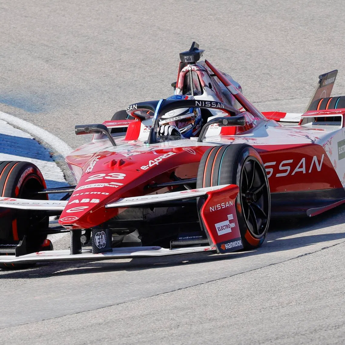 FILE PHOTO: Apr 12, 2025; Miami, Florida, USA;   Oliver Rowland of Team Nissan enters turn four during qualifying for the ABB Formula E Series race at the Homestead Motor Speedway Mandatory Credit: Reinhold Matay-Imagn Images/File Photo