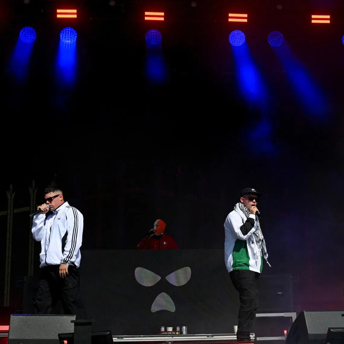 FILE PHOTO: Kneecap performs at Glastonbury Festival at Worthy Farm in Pilton, Somerset, Britain, June 28, 2025. REUTERS/Jaimi Joy/File Photo