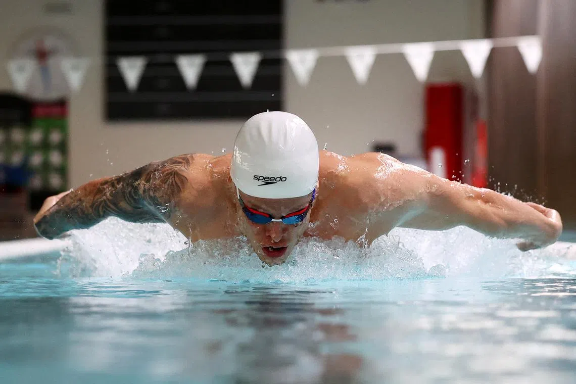 FILE PHOTO: British Olympic Swimmer Matt Richards tests the new Speedo swimsuit, in London, Britain, February 29, 2024. Unveiled as their 'fastest swimsuits', they are lightweight with improved hydrophobic qualities, allowing athletes to perform at peak performance on race day. REUTERS/Matthew Childs/File Photo