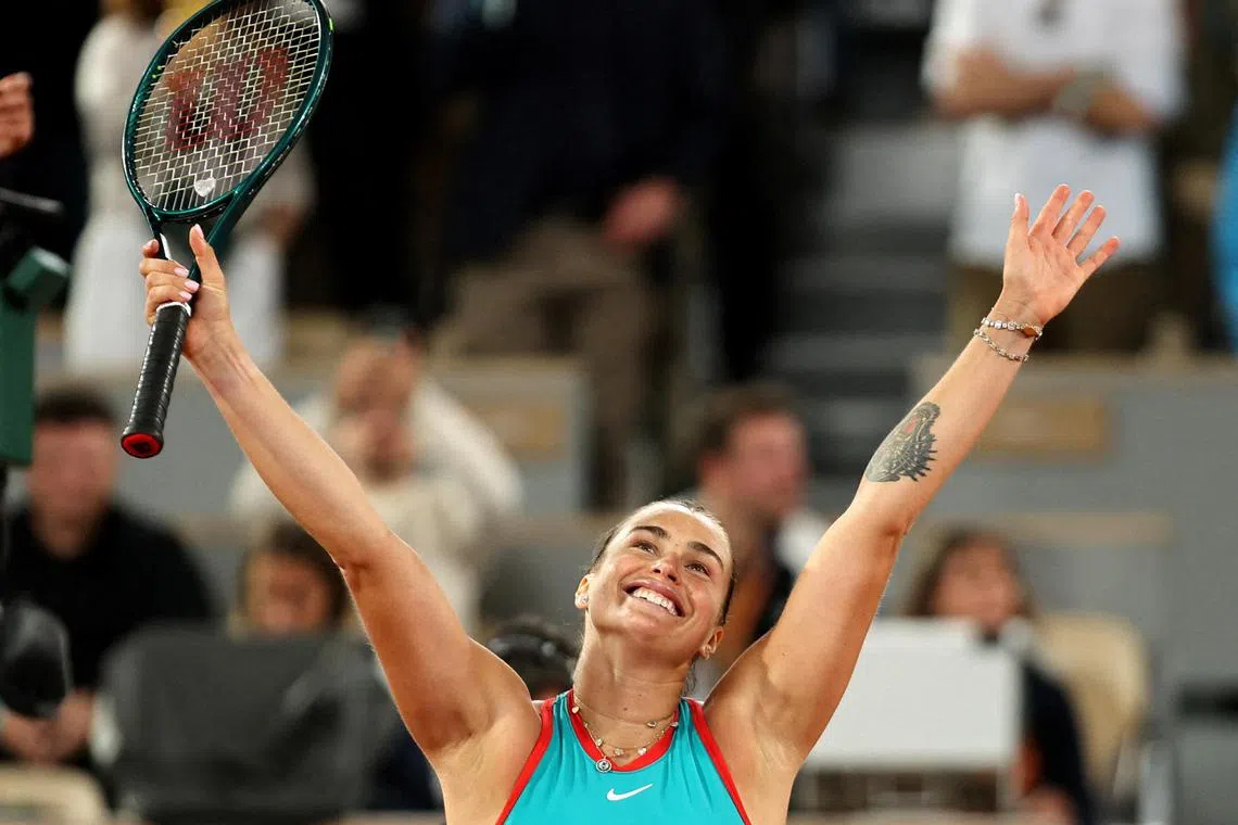 Belarus' Aryna Sabalenka celebrates winning her semi-final match against Poland's Iga Swiatek.