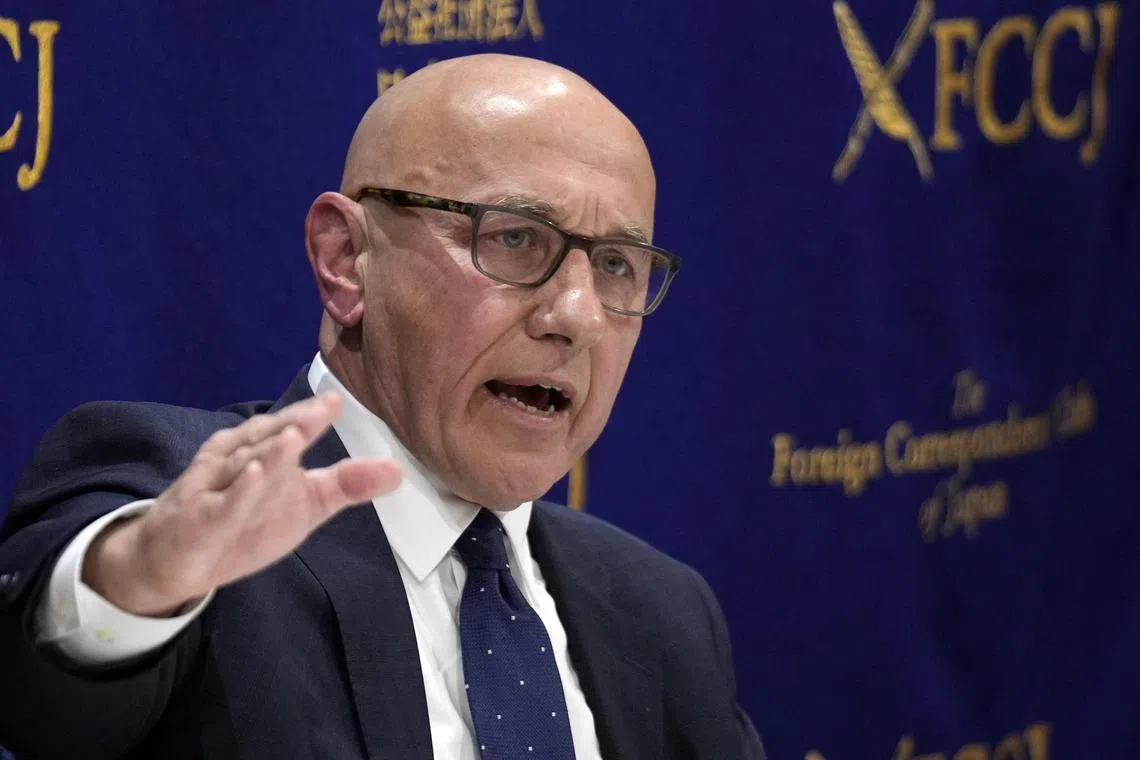 epa10595909 Thomas Andrews, United Nations Special Rapporteur on the situation of human rights in Myanmar, delivers a press conference at the Foreign Correspondents' Club of Japan, in Tokyo, Japan, 28 April 2023. Andrews gave an update on the situation in Myanmar two years after the military coup.  EPA-EFE/FRANCK ROBICHON