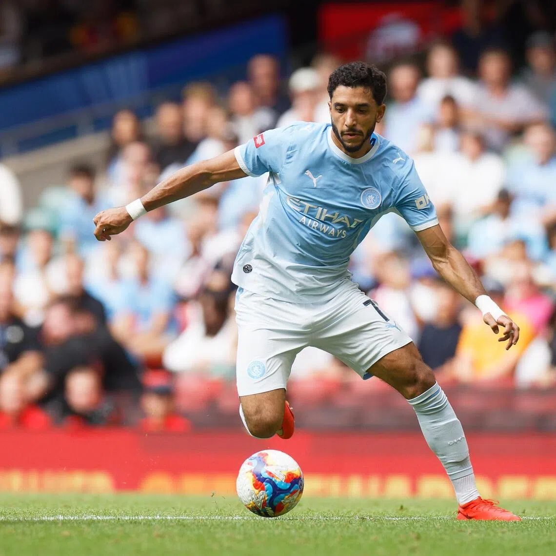 Omar Marmoush of Manchester City (right) in action during their 3-0 Community Shield defeat by Arsenal at the Millennium Stadium in Cardiff on Aug 16.