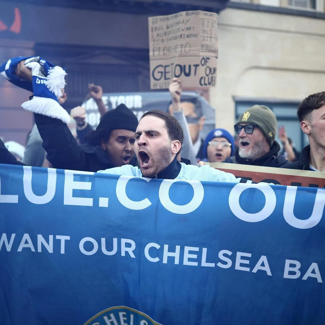 Chelsea fans hold a protest against Behdad Eghbali and Clearlake Capital outside the ground before the English Premier League football match between Chelsea and Brentford at Stamford Bridge in London on January 17, 2026. Chelsea set an unwanted record by posting a Premier League record pre-tax loss of £262 million for the year ending June 30, 2025.