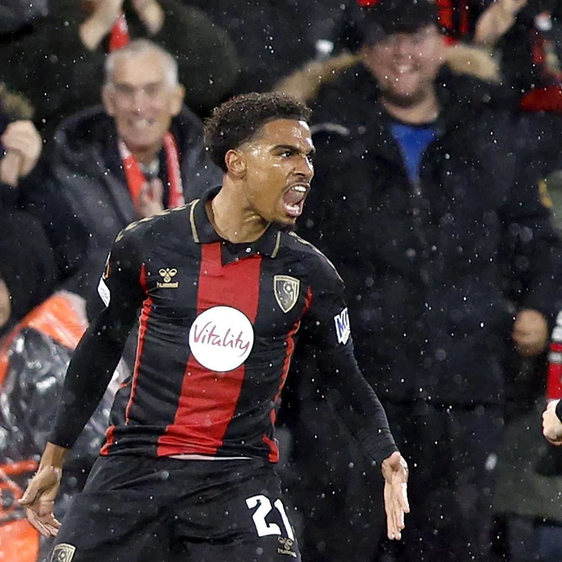 Bournemouth’s Amine Adli (left) celebrates scoring his team’s third goal against AC Milan on Oct 22, with teammate Adrien Truffert.