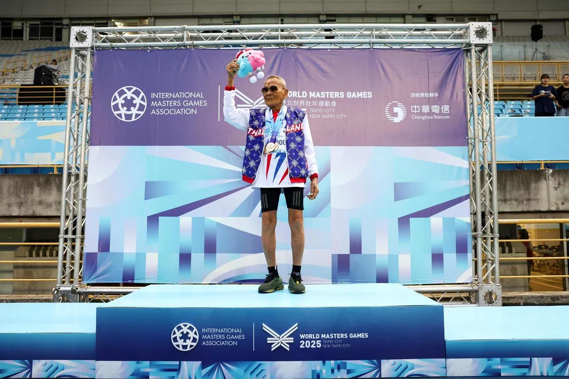 Thailand's Sawang Janpram, the oldest competitor at the 2025 World Masters Games at 105 years old, wins gold medal in the men’s shot put for the 100+age group.