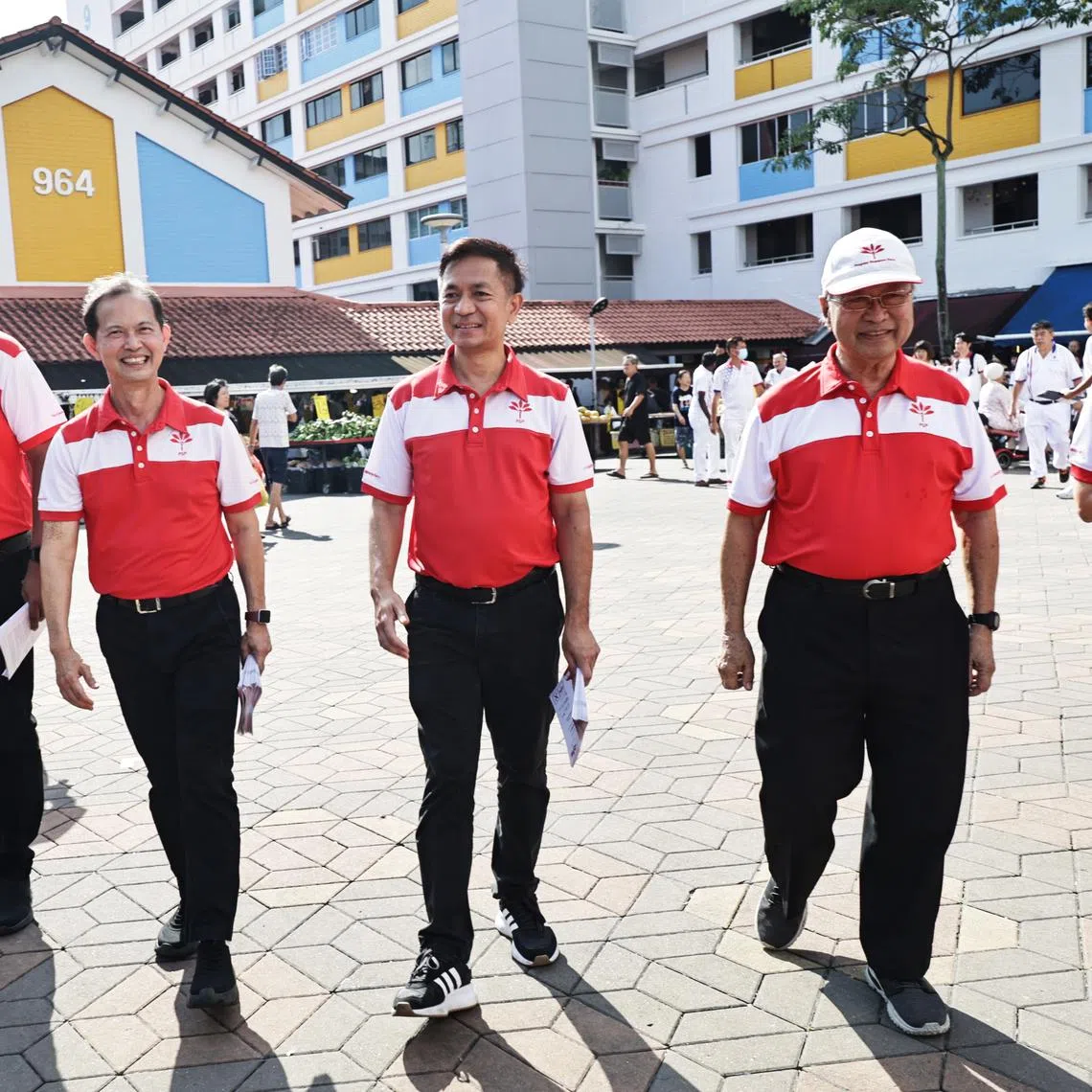 PSP chief Leong Mun Wai (second from left) with members (from left) Sani Ismail, Sumarleki Amjah, chairman Dr Tan Cheng Bock and vice-chair Hazel Poa during a walkabout on April 30.