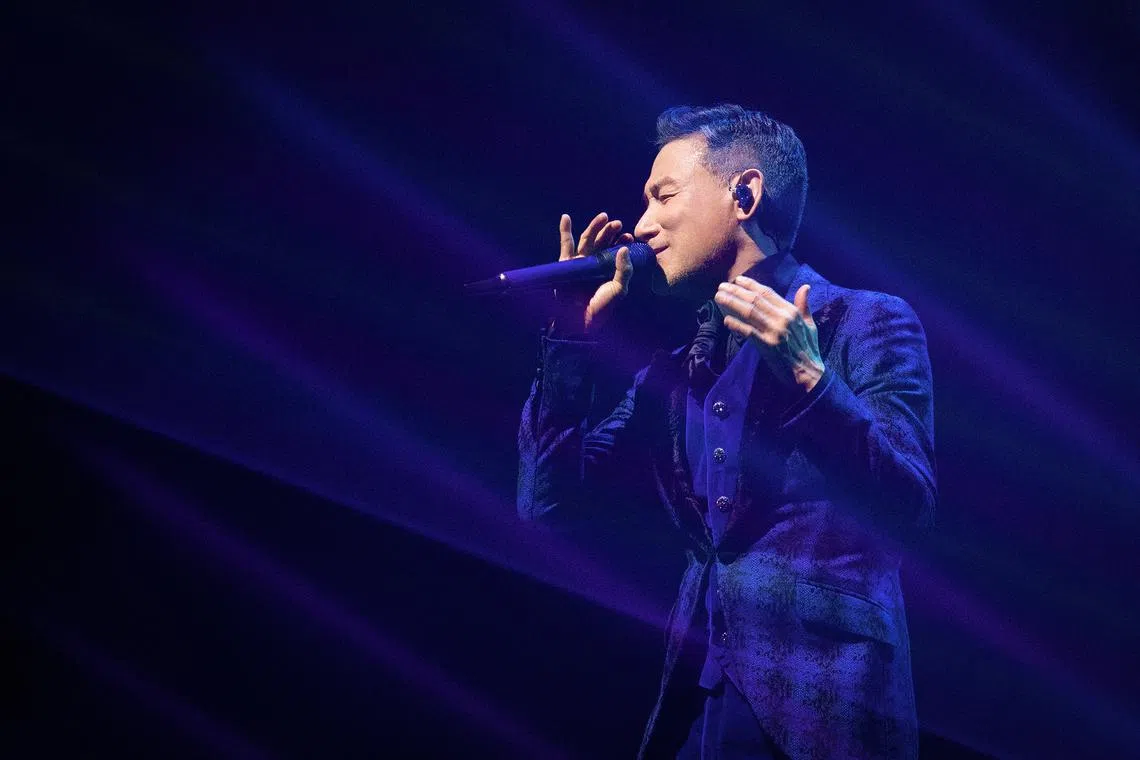 Hong Kong superstar Jacky Cheung performing a concert at the Singapore Indoor Stadium on July 14, 2023.