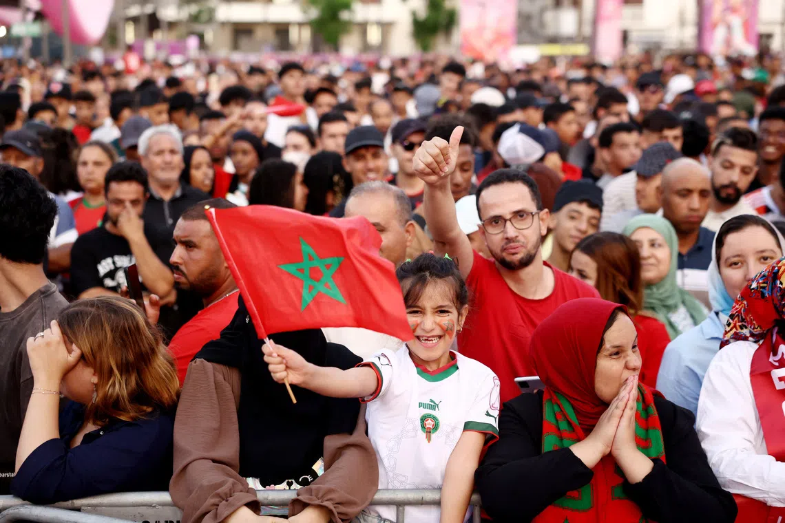 Fans in Casablanca before Morocco’s World Cup quarter-final on July 9, against France, who won 2-0 in Boston. The north African side had reached the semi-finals four years earlier.