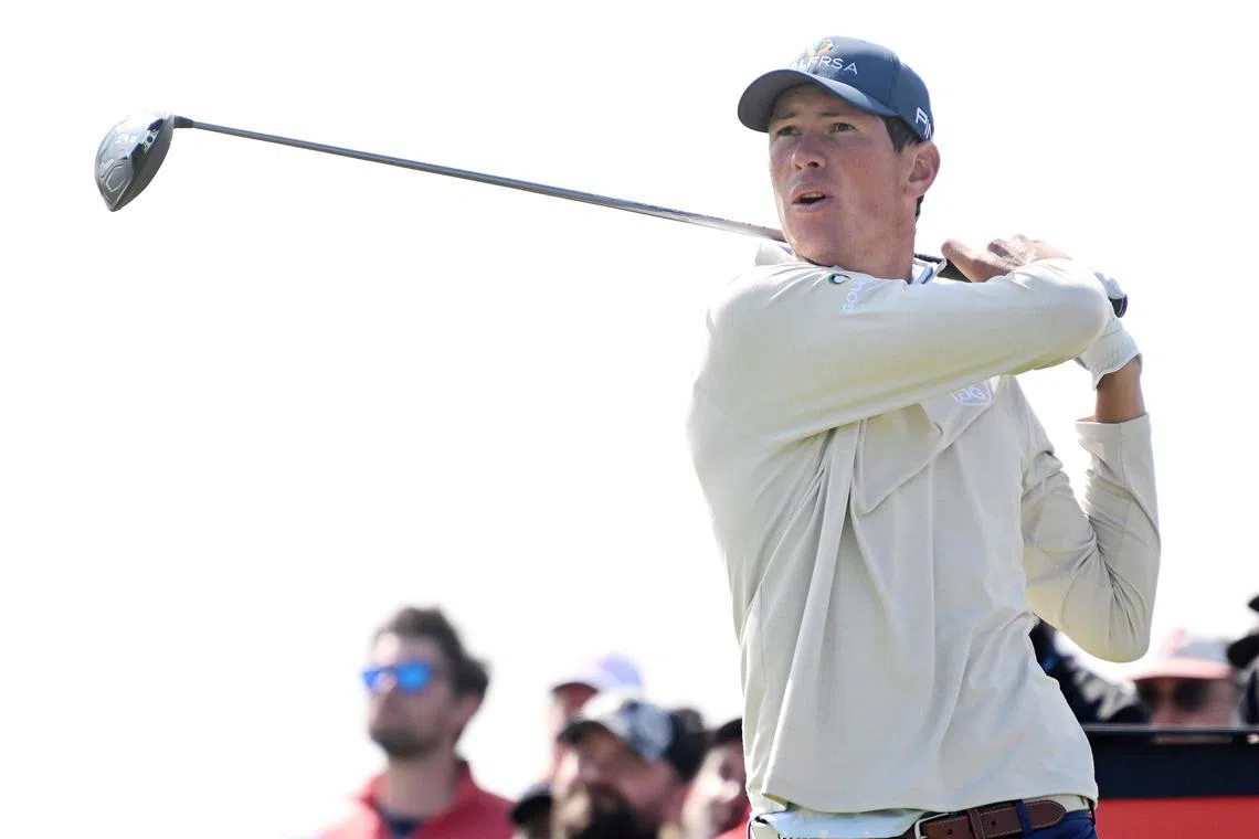epa10757550 Christo Lamprecht of South Africa plays the 12th hole during the first round of the 151st Open at Royal Liverpool Golf Club in Hoylake, Britain, 20 July 2023.  EPA-EFE/Peter Powell