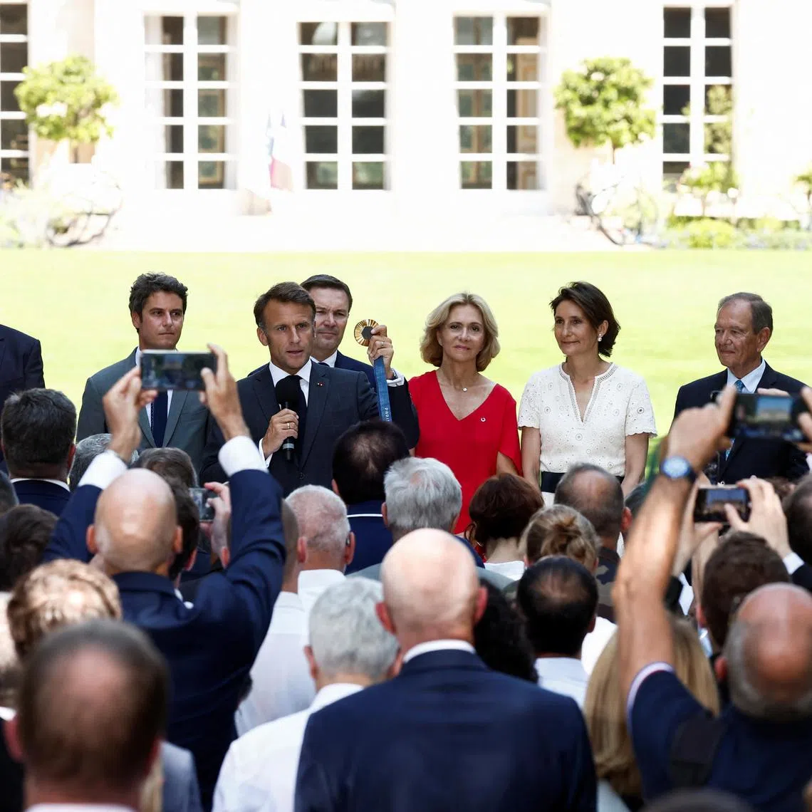 French President Emmanuel Macron meets representatives of stakeholders who contributed to the organising and hosting of the Paris Olympic Games, at the Elysee Palace on Aug 12, 2024.