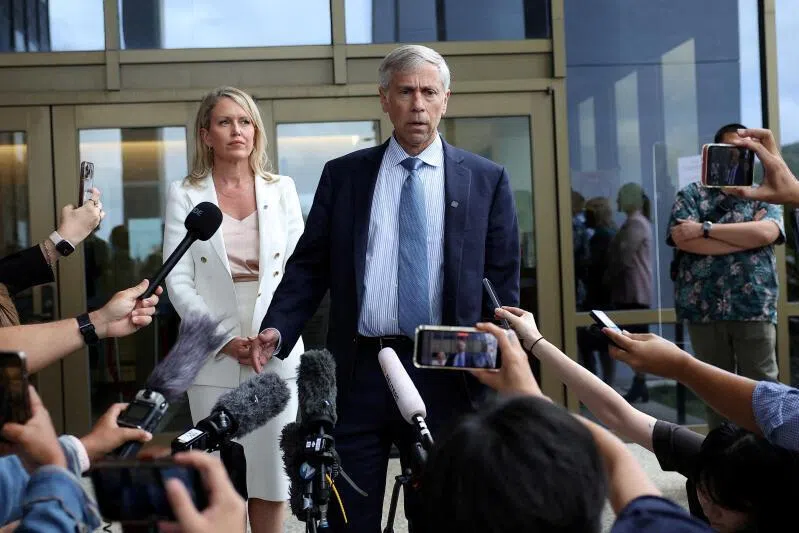 High-profile lawyer Barry Pollack (right) speaking to the media outside a US district court in Saipan, Northern Mariana Islands, US, on June 26, 2024.