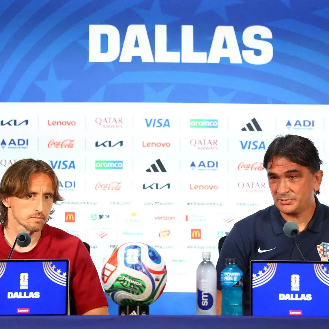 Soccer Football - FIFA World Cup 2026 - Croatia Press Conference - Dallas Stadium, Arlington, Texas, U.S. - June 16, 2026  Croatia's Luka Modric and coach Zlatko Dalic during a press conference REUTERS/Hannah Mckay