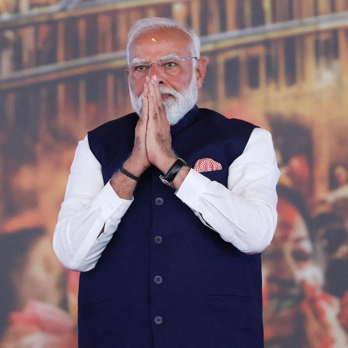 India's Prime Minister Narendra Modi gesturing as he attends a swearing-in ceremony of Suvendu Adhikari as the Chief Minister of West Bengal, in Kolkata on May 9, 2026. 