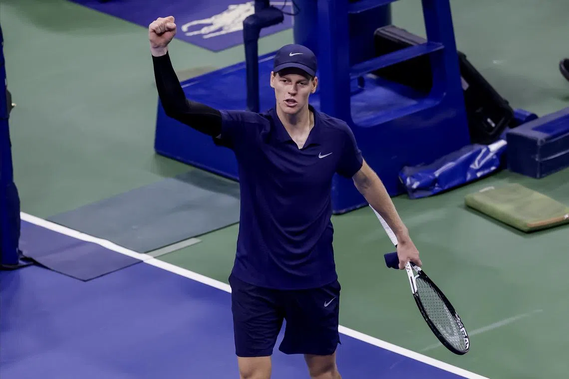 Jannik Sinner of Italy reacts after defeating Felix Auger-Aliassime of Canada during the US Open semi-finals.