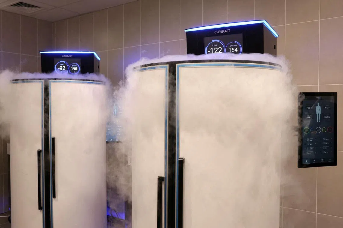 This photograph shows a cryotherapy room for the Paris 2024 Olympics. Cryotherapy – which includes cold-water swimming, ice baths and more advanced cooling chambers – is touted to help athletes recover after vigorous exercise.