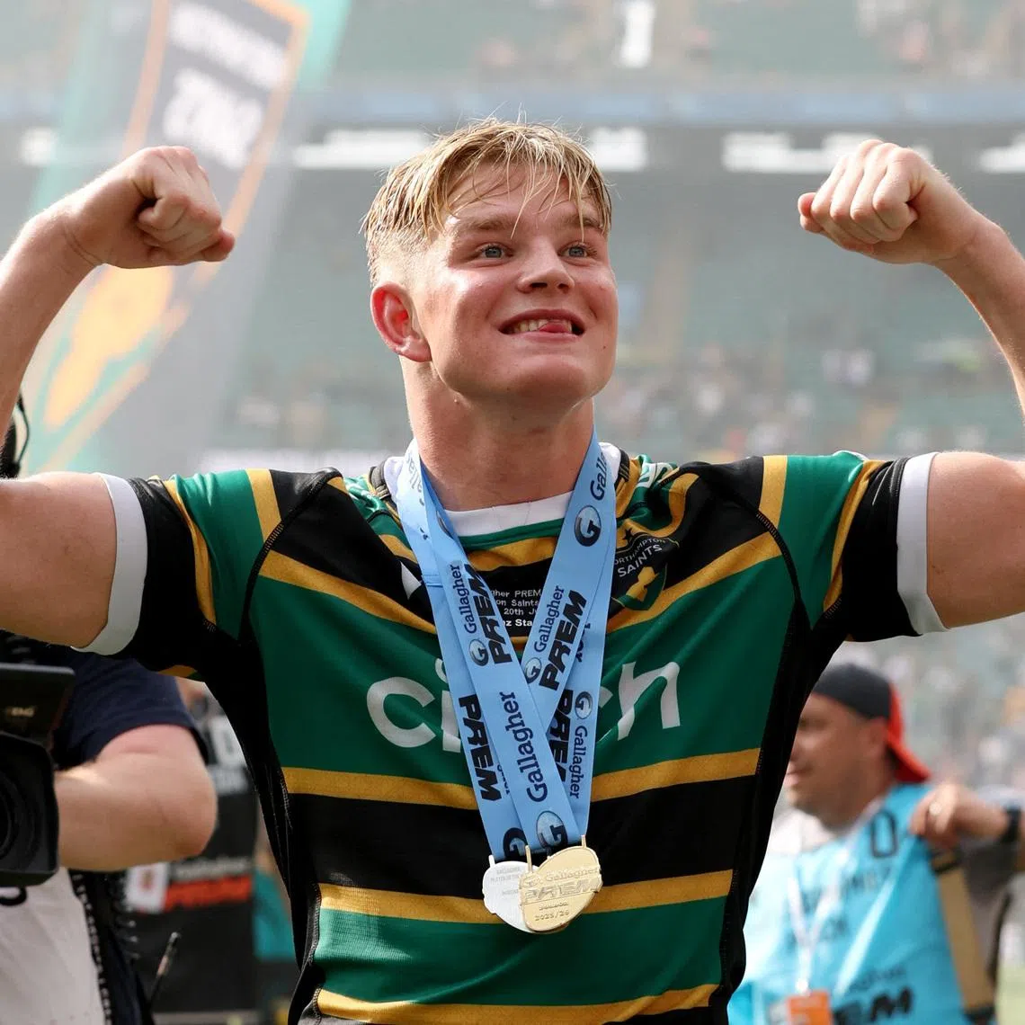 Rugby Union - Premiership Final - Northampton Saints v Exeter Chiefs - Allianz Stadium, Twickenham, Britain - June 20, 2026 Northampton Saints' Henry Pollock celebrates after winning the Rugby Union Premiership Final and being awarded with the man of the match medal Action Images via Reuters/Cat Goryn