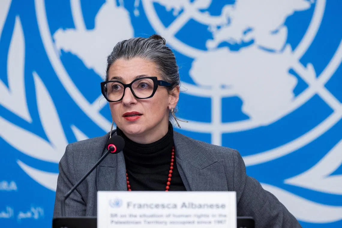 Special Rapporteur on the situation of human rights in the occupied Palestinian territory, Francesca Albanese, speaks during a press conference at the European headquarters of the UN in Geneva, Switzerland, December 11, 2024. REUTERS/Pierre Albouy