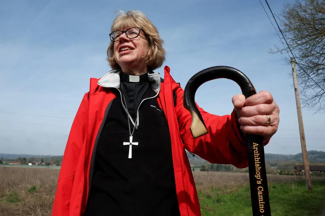 Archbishop of Canterbury Sarah Mullally during a 140km pilgrimage trek from St Paul's Cathedral in London to Canterbury Cathedral, on March 25. 