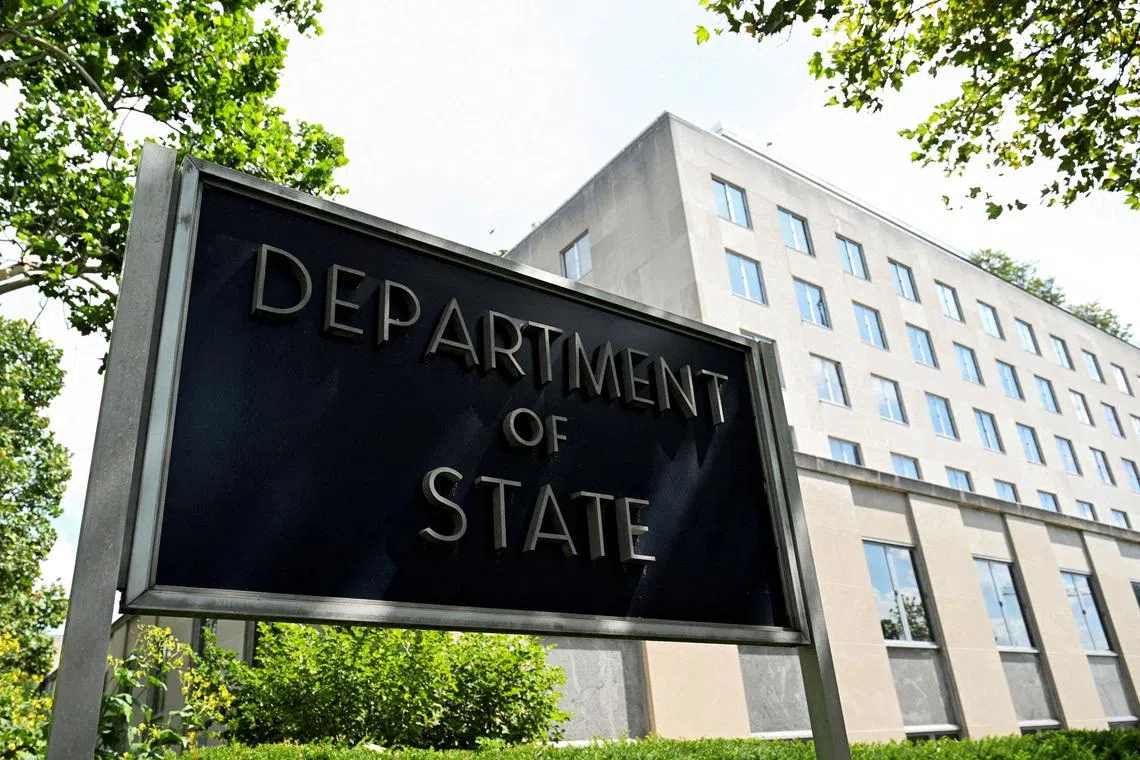 FILE PHOTO: A general view of a U.S. State Department sign outside the U.S. State Department building in Washington, D.C., U.S., July 11, 2025. REUTERS/Annabelle Gordon/File Photo