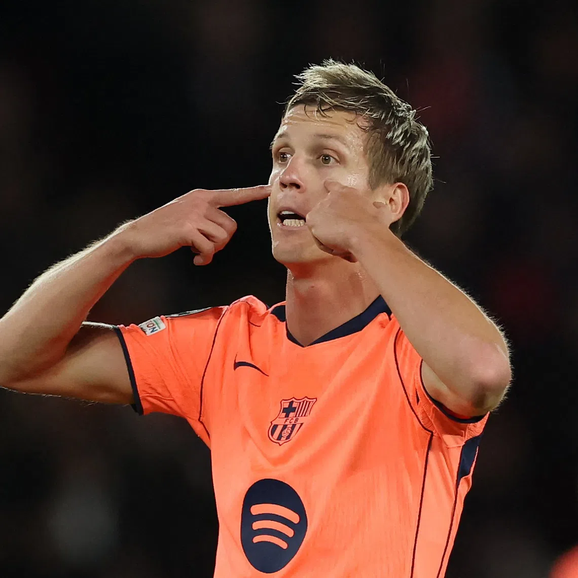 Soccer Football - UEFA Champions League - Paris St Germain v FC Barcelona - Parc des Princes, Paris, France - October 20, 2026  FC Barcelona's Dani Olmo reacts REUTERS/Stephane Mahe