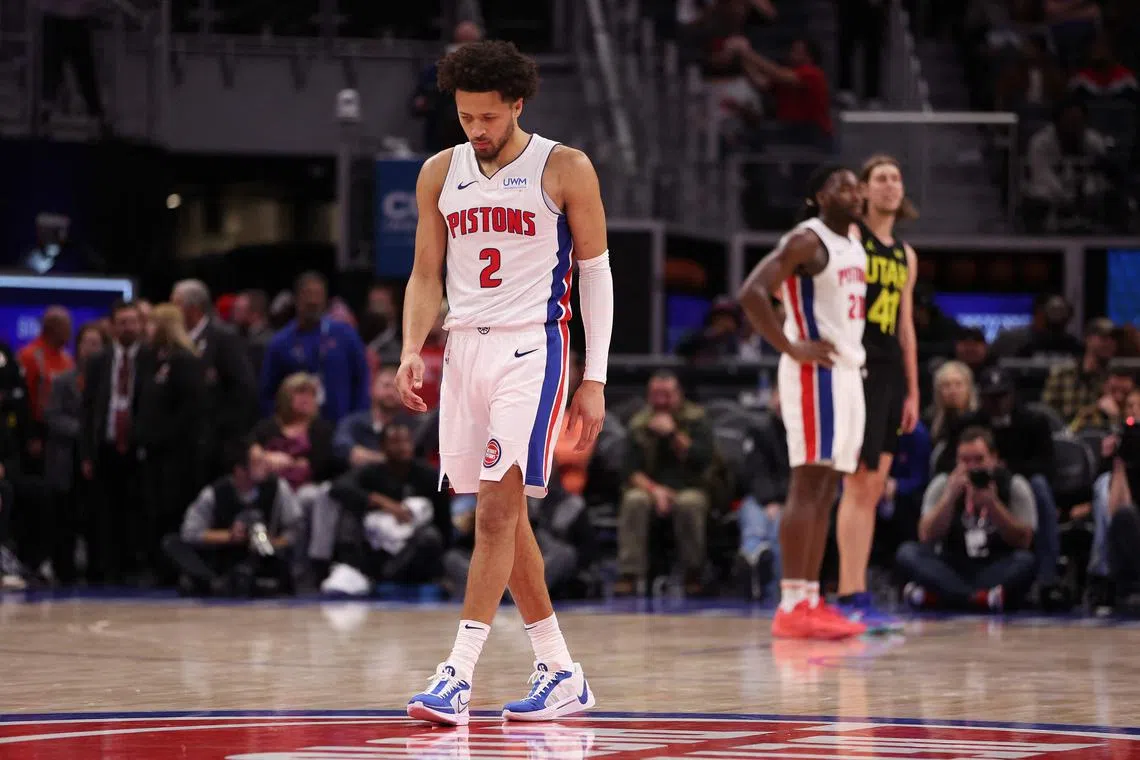 Cade Cunningham of the Detroit Pistons looking dejected in the fourth quarter on the way to a 119-111 loss to the Utah Jazz at Little Caesars Arena.